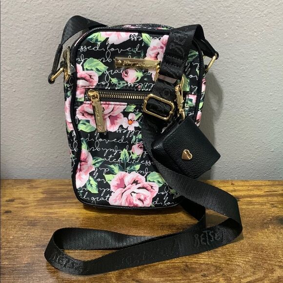 NWOT Betsey Johnson Nylon Crossbody Bag Black With Floral Print - Picture 1 of 5